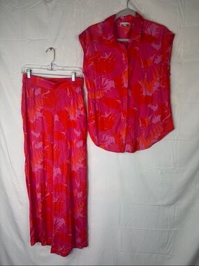 Vibrant Pink & Red Wide Leg Pants - Sleeveless Shirt Set